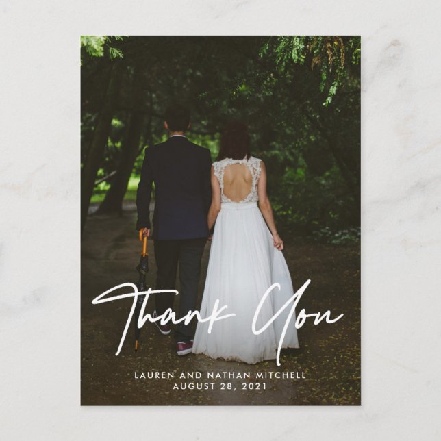 Signature | White Script Wedding Photo Thank You Postcard (Front)