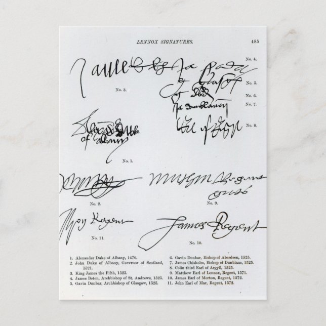 Signatures of Scottish 15th and 16th century Postcard (Front)