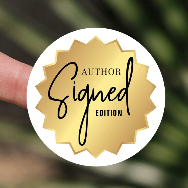 Signed By Author Edition Book Launch Gold Badge Classic Round Sticker (Signed by author white and faux gold round sticker design)