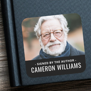 Signed by the author photo name black border square sticker