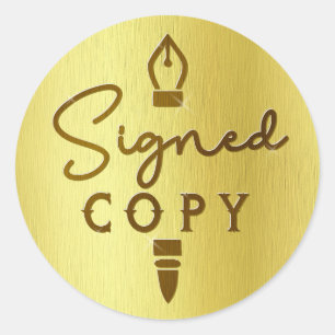Signed Copy Author Book Signing Gold Brushed Metal Classic Round Sticker