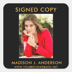 Signed Copy Author Writer Photo Web Black Gold Square Sticker