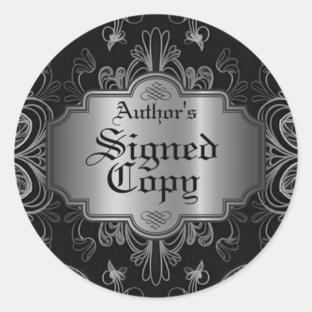 Signed Copy Black And Silver Abstract Floral Classic Round Sticker (Front)