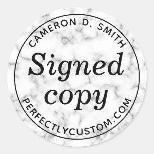 Signed copy white marble look author name website classic round sticker