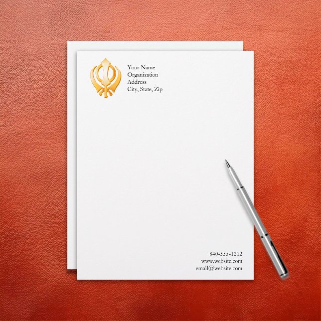 Sikh Symbol Customized Letterhead (Sikh Letterhead, Gold Khanda, symbol of the Sikh religion. Customize with your text.)