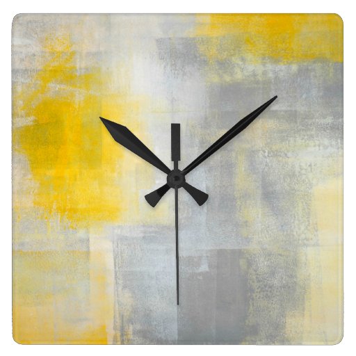 Image of 'Silence' Grey and Yellow Abstract Art Square Wall Clock