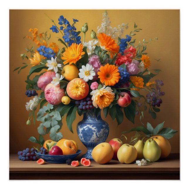 Silence with flowers in Delftbaluwe vase and Fruit Poster (Front)