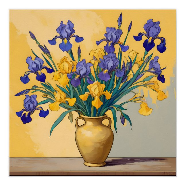 Silence with Yellow and Blue Irissen in a Golden Poster (Front)