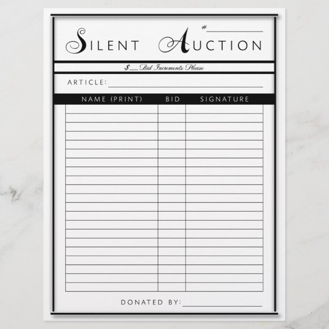 Silent Auction Form - Letter Sized Paper (Front)
