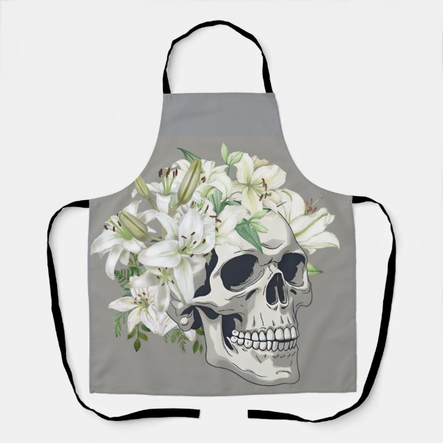 Silent Bloom: Skull & White Lilies Apron (Front)