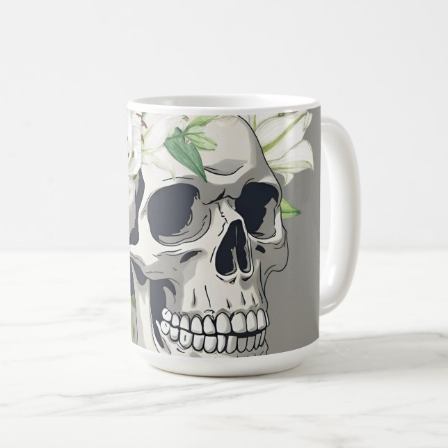 Silent Bloom: Skull & White Lilies Coffee Mug (Front Right)