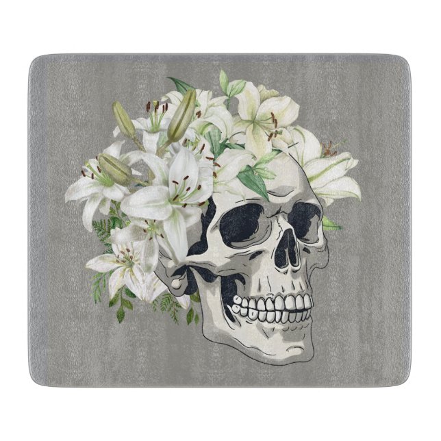 Silent Bloom: Skull & White Lilies Cutting Board (Front)
