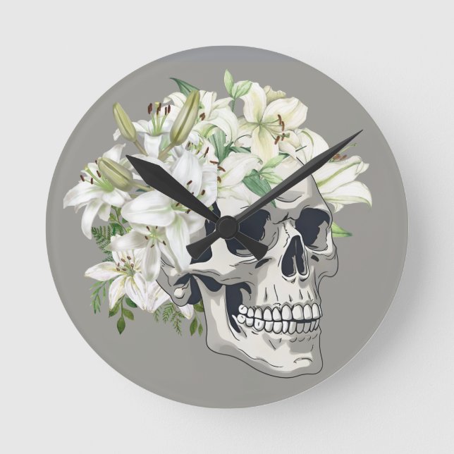 Silent Bloom: Skull & White Lilies Round Clock (Front)