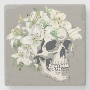 Silent Bloom: Skull & White Lilies Stone Coaster