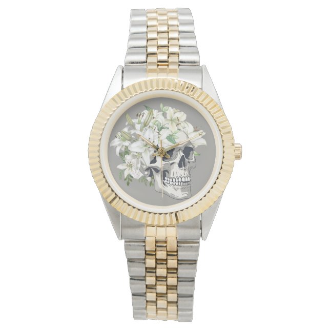 Silent Bloom: Skull & White Lilies Watch (Front)