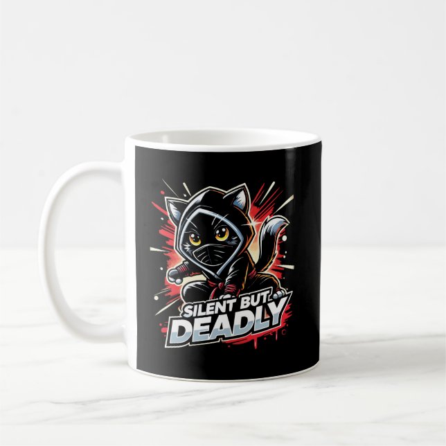 Silent But Deadly - Cute Funny Ninja Cat Coffee Mug (Left)