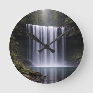 Silent Forest Waterfall – Calm Nature Landscape Round Clock