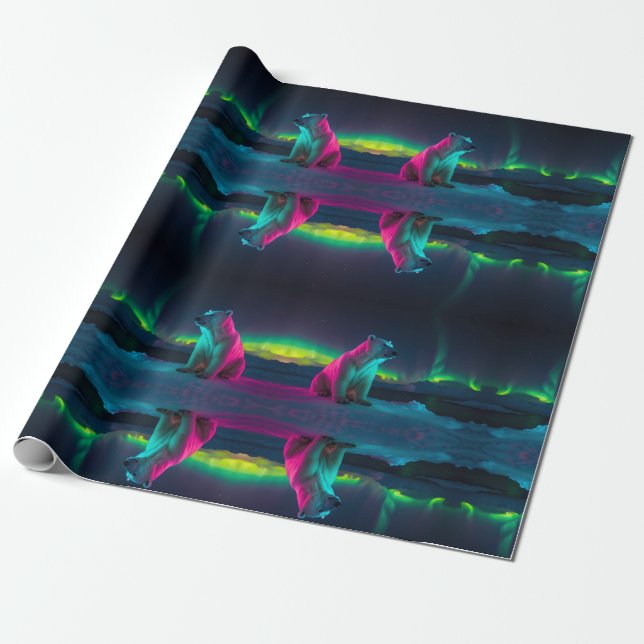 Silent Majesty: Polar Bear Under Northern Lights Wrapping Paper (Unrolled)