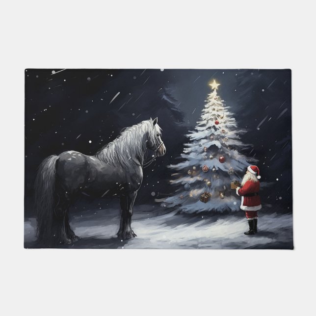 Silent Night - Beautiful Horse and Santa Christmas Doormat (Front)