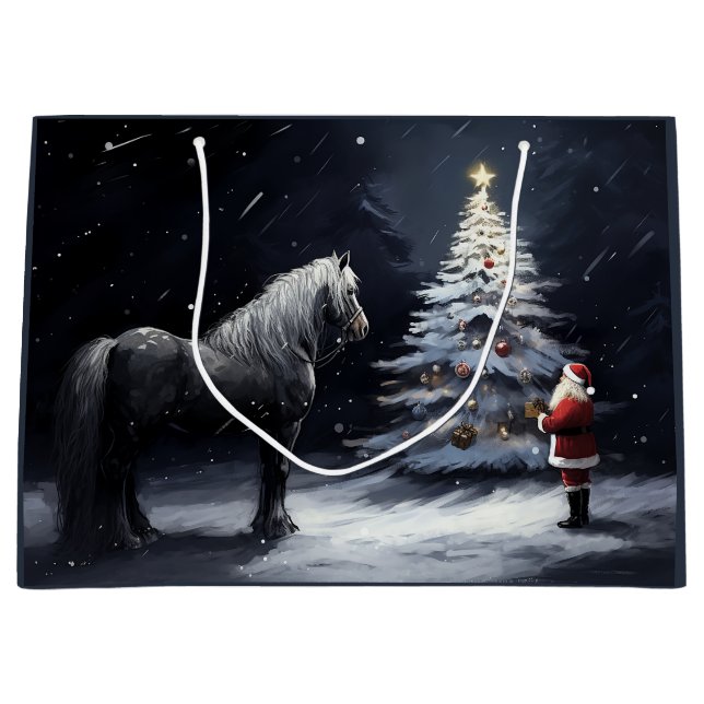 Silent Night - Beautiful Horse and Santa Christmas Large Gift Bag (Front)