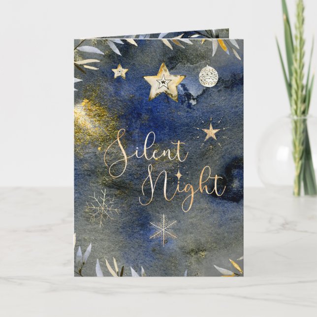 Silent Night Blue Gold Festive Holiday Watercolor (Front)