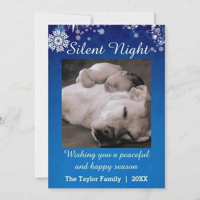 Silent Night Blue Snow Photo Christmas Card (Front)