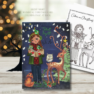 Silent Night Caroling Girl Woodland Animals Holiday Card
