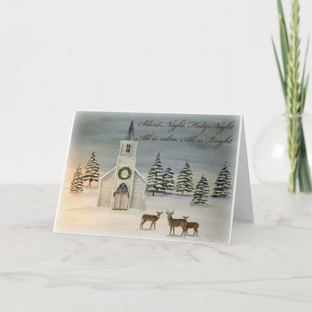 Silent Night Christmas Card with Church and Deer (Front)