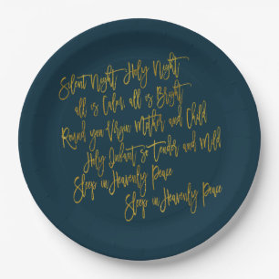 Silent Night Christmas Carol Lyrics Gold Navy Paper Plate