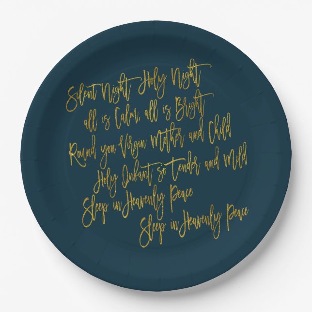 Silent Night Christmas Carol Lyrics Gold Navy Paper Plate (Front)