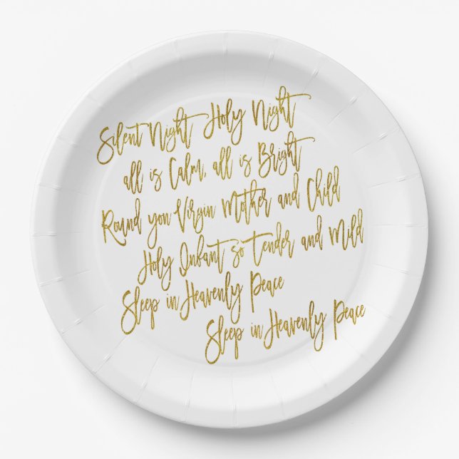 Silent Night Christmas Carol Lyrics Gold White Paper Plate (Front)