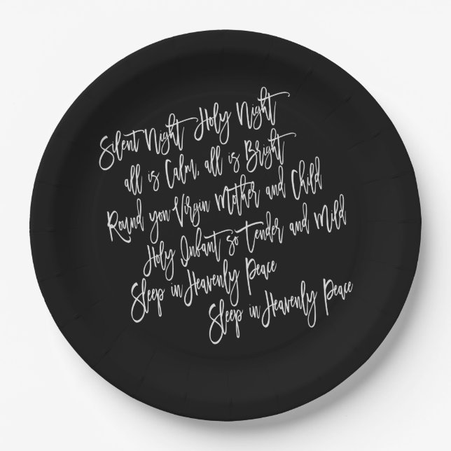 Silent Night Christmas Carol Lyrics White Black Paper Plate (Front)