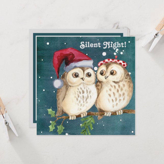 Silent Night Christmas Pair of Owls Ready to Sleep (Front/Back In Situ)