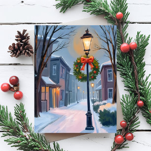 Silent Night   Christmas Town Wreath Watercolor Holiday Postcard