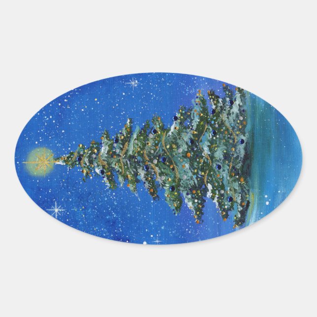 Silent night Christmas tree by Renee Lavoie  Oval Sticker (Front)