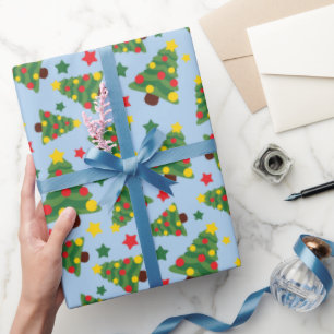 Silent Night Christmas Trees & Stars Light Blue Wrapping Paper