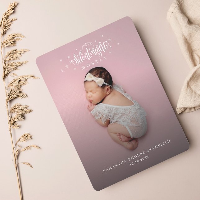 Silent Night Cute Christmas Baby Birth Photo Holiday Card (Cute Custom Christmas Holiday Birth Announcement)