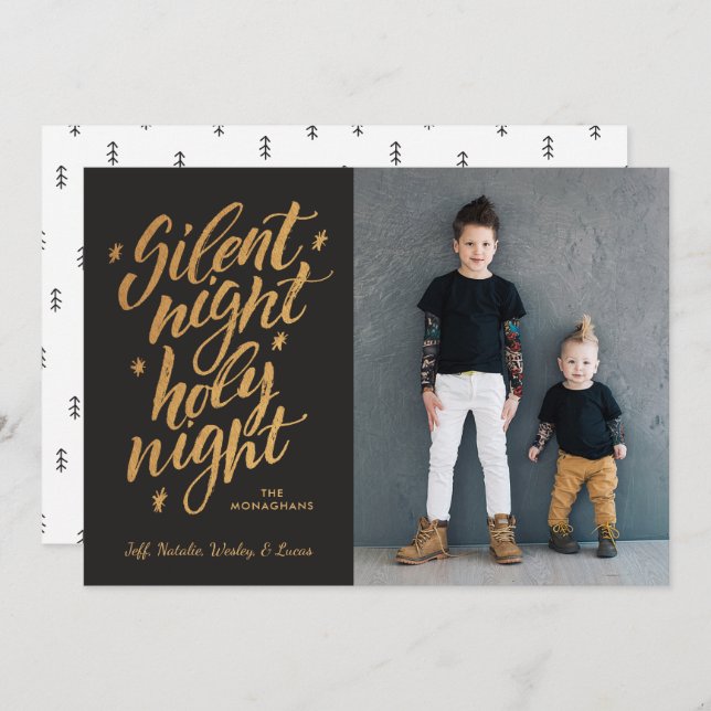 Silent Night Faux Gold Foil Christmas Photo Black Holiday Card (Front/Back)