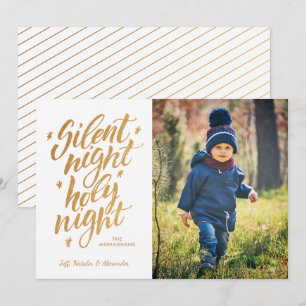 Silent Night Faux Gold Foil Christmas Photo White Holiday Card
