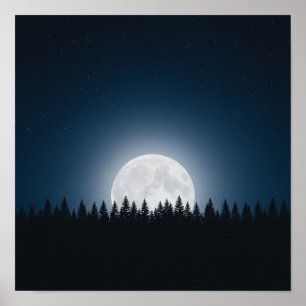 Silent Night: Full Moon Above Forest Silhouette Poster