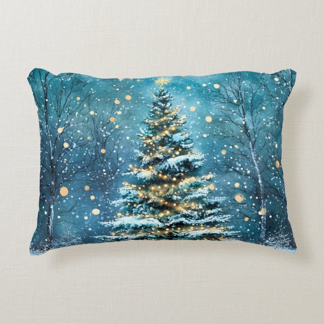 Silent Night Glow Bright Christmas Forest Tree Decorative Cushion (Front)