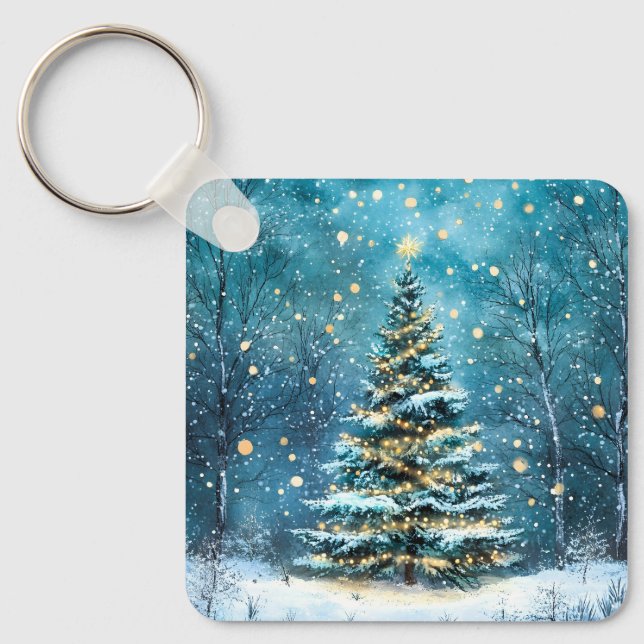 Silent Night Glow Bright Christmas Forest Tree Key Ring (Front)