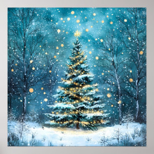Silent Night Glow Bright Christmas Forest Tree Poster