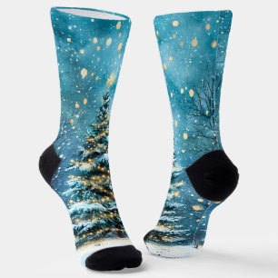 Silent Night Glow Bright Christmas Forest Tree Socks