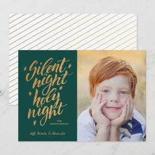 Silent Night Gold Foil Christmas Photo Green Holiday Card