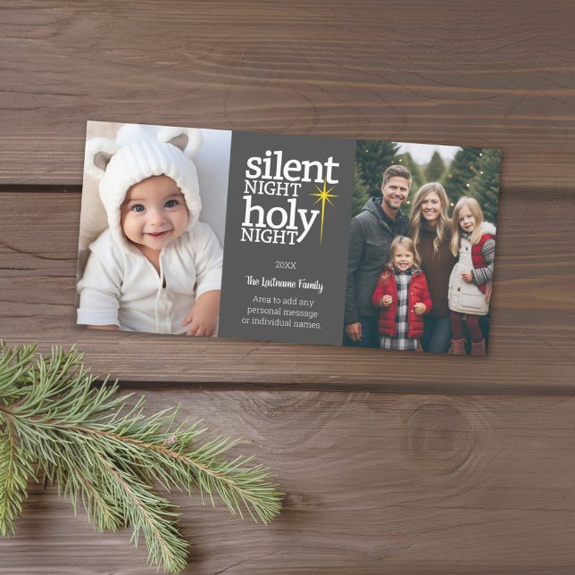 Silent Night, Holy Night Christian - 2 Photo Holiday Card (Add 2 photos to this Christmas Card with a modern design. Download option available.)