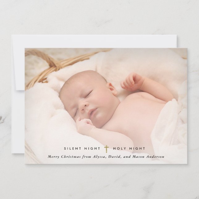 Silent Night, Holy Night | Gold Cross and Photo Holiday Card (Front)