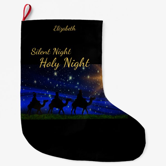 "Silent Night Holy Night" Personalised Name Large Christmas Stocking (Front)