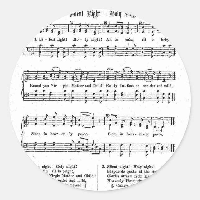 SILENT NIGHT HOLY NIGHT SHEET MUSIC CHRISTMAS SONG CLASSIC ROUND STICKER (Front)