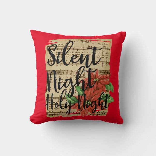 Silent Night Lyrics with Poinsettias  Cushion (Front)